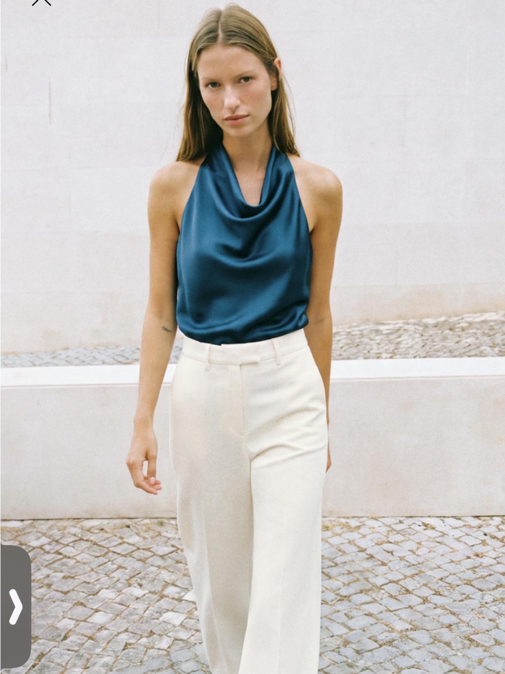 Zara Satin Halter Cowl-Neck Camisole in Deep Teal Blue